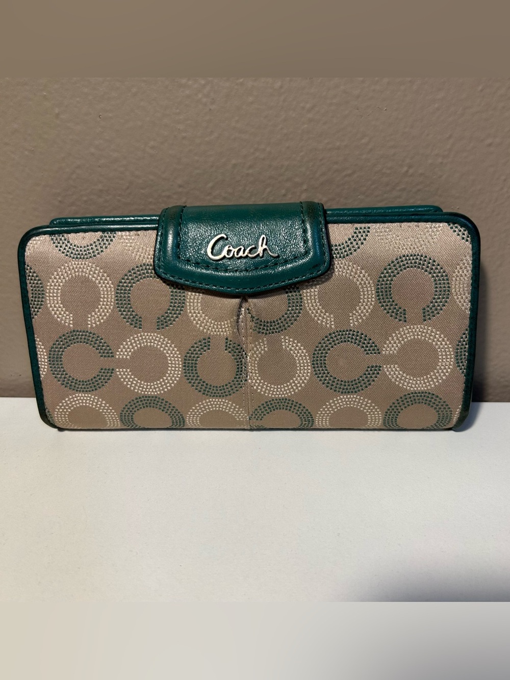 Coach Ashley Dotted OP Art Zip around Wallet With Checkbook Cover Green